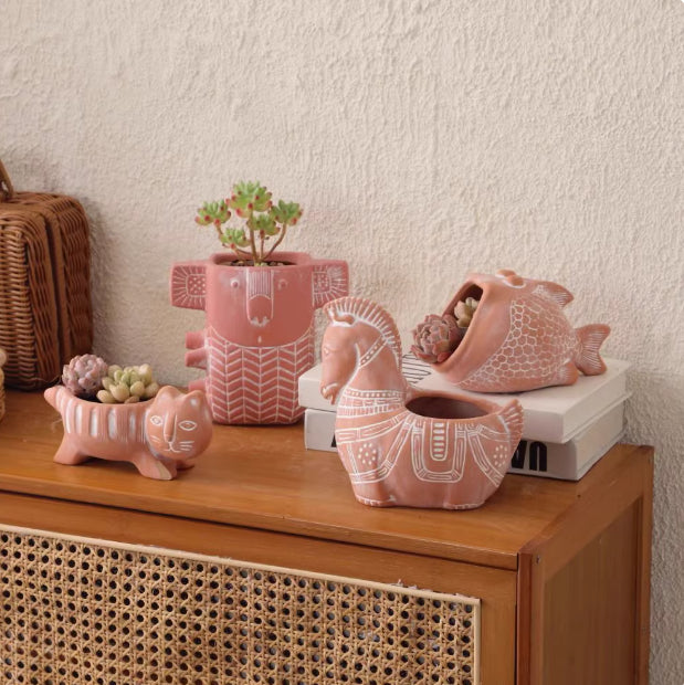 Creative Cartoon Animal Shape Retro Breathable Red Pottery Flowerpot
