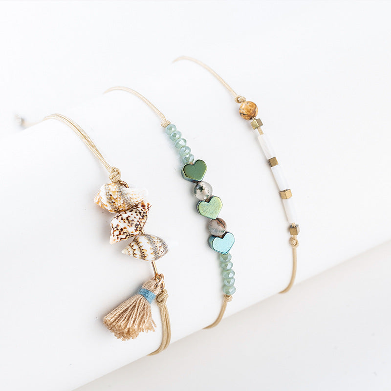 Set Of 3 Natural Shell Tassel Pendant Bracelets